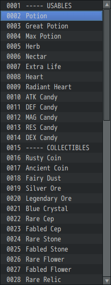RPG Maker Database Item List